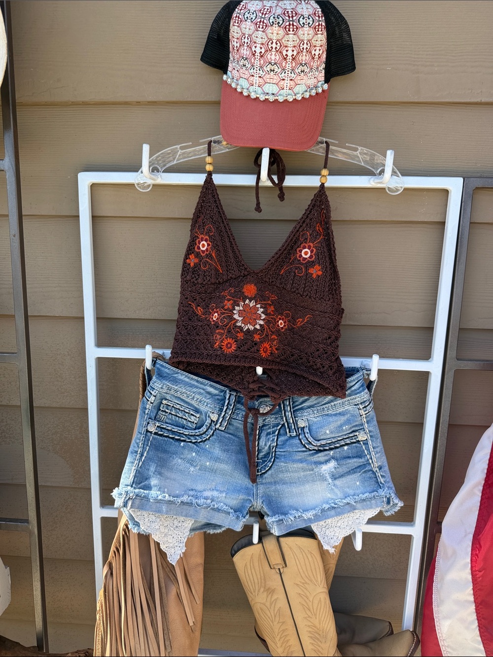 Brown Crochet Embroidered Halter Cami Top